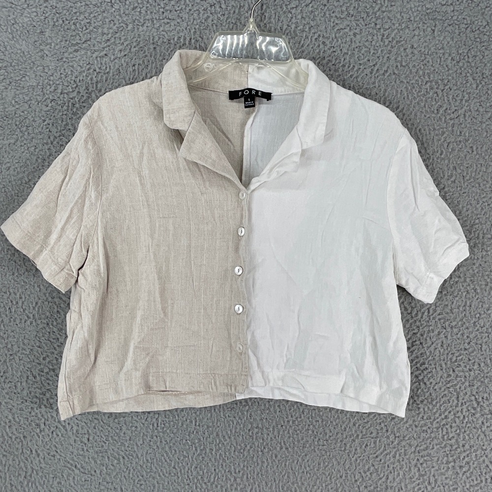 FORE Button Down Shirt Womens L Beige White Excellent Linen Blend Split Cropped